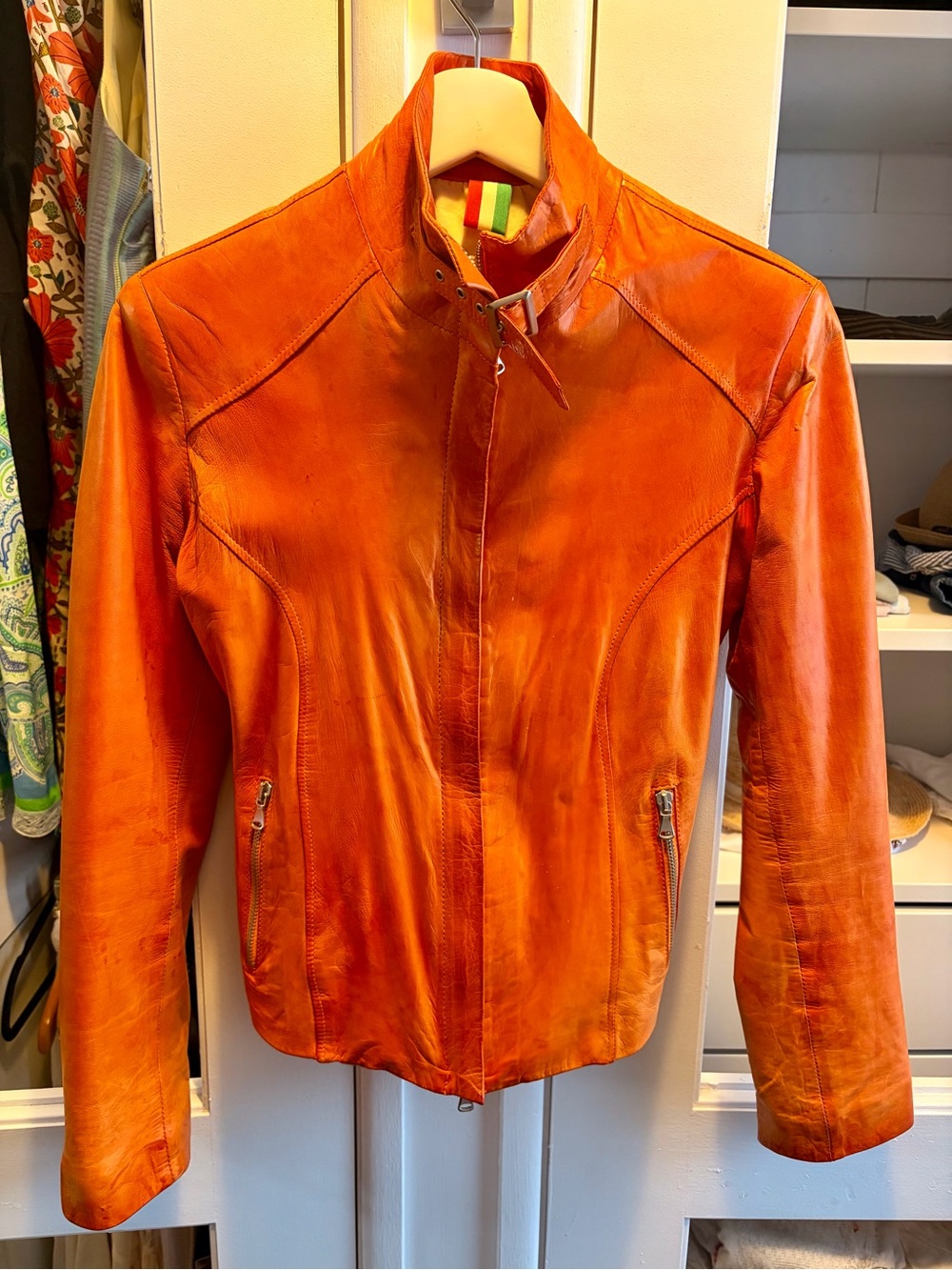 Vera Pelle Vibrant Orange Leather Moto Jacket